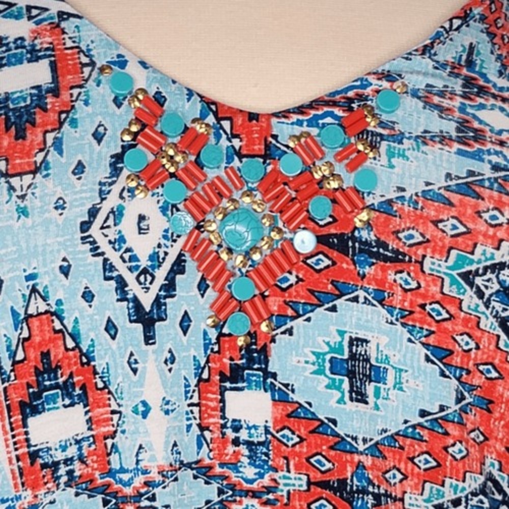 Ruby Rd Red & Blue Embellished V-Neck‎ Top - Picture 4 of 11